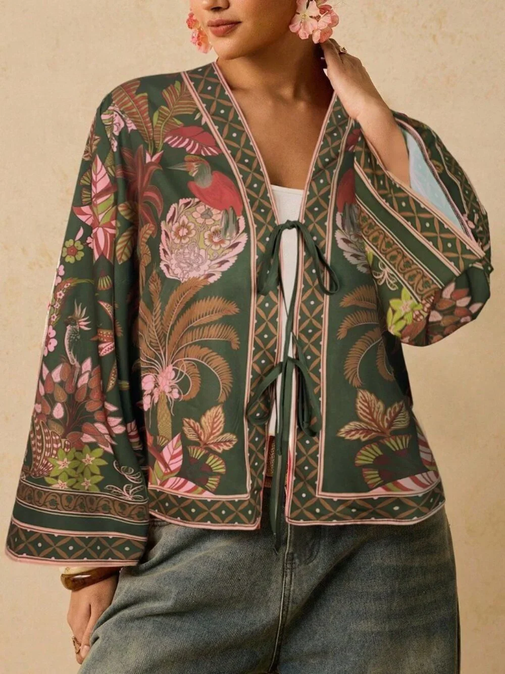 Dark Green Boho Women's Plus Size Vacation Plant Print Front Tie Shirt